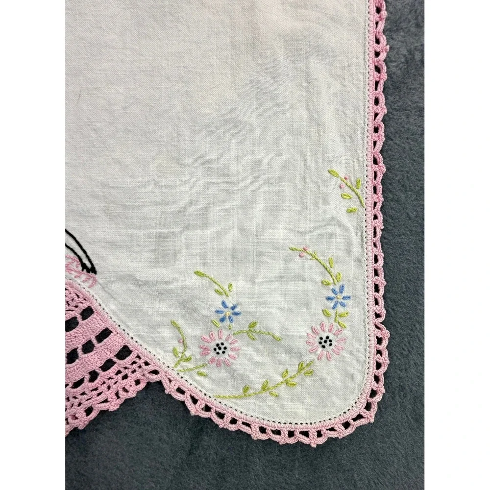 1940's Hand Embroidered Crinoline Lady Table Runner Pink Crochet Lace Trim White